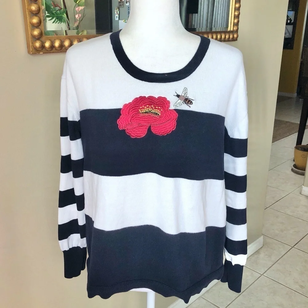 Elliott Lauren Embroidered Navy Striped Knit Pullover Cotton Sweater Large